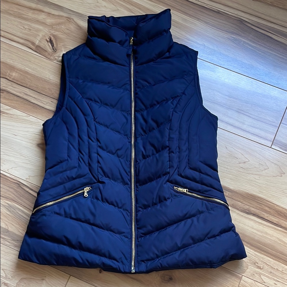 Talbots Midnight Blue Quilted Vest with Gold Accents Size Petite